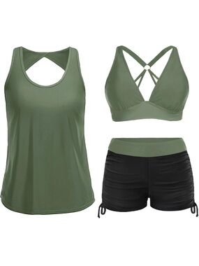 Younique Olive Green Tank, Strappy Bralette & Black Swimsuit Set
